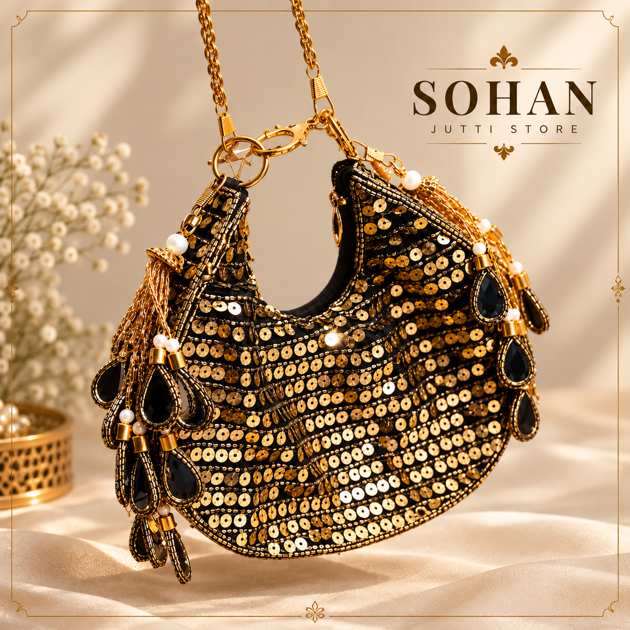 Black & Gold Sequin Potli Bag